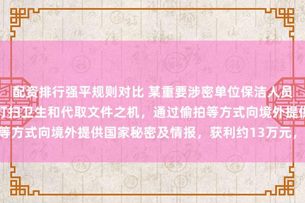 配资排行强平规则对比 某重要涉密单位保洁人员主动联系境外间谍，借打扫卫生和代取文件之机，通过偷拍等方式向境外提供国家秘密及情报，获利约13万元，被判10年